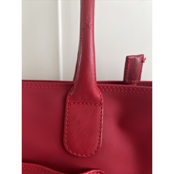 VGUC Lancel Authentic Red Nylon & Leather Bag Zip Top Shoulder Handbag Tote - Picture 7 of 15